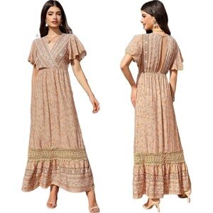 NWT Summer Boho Floral Short Sleeve Maxi Dress Flowy Lace Dress Ruffle Bohemian